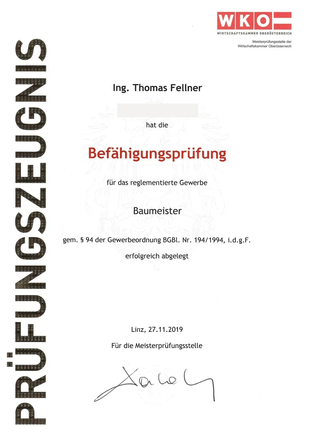 Prüfungszeugnis der Baumeister-Befähigungsprüfung (§ 94 GewO) – Meisterprüfungsstelle WKO Oberösterreich, 2019