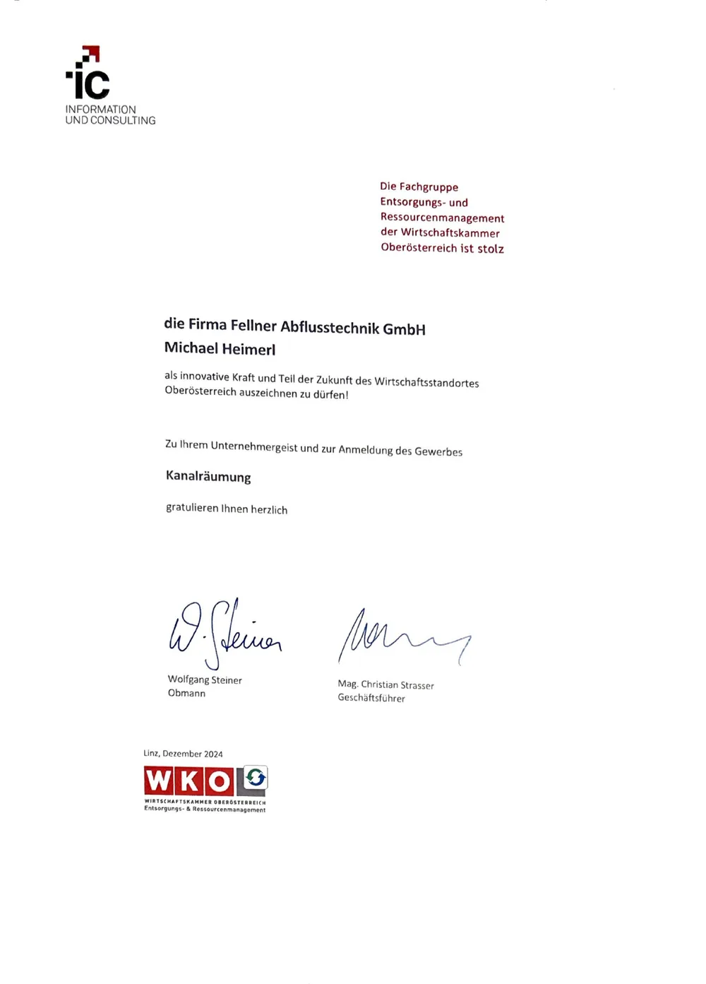 Auszeichnung Kanalräumung der WKO Oberösterreich für die Fellner Abflusstechnik GmbH