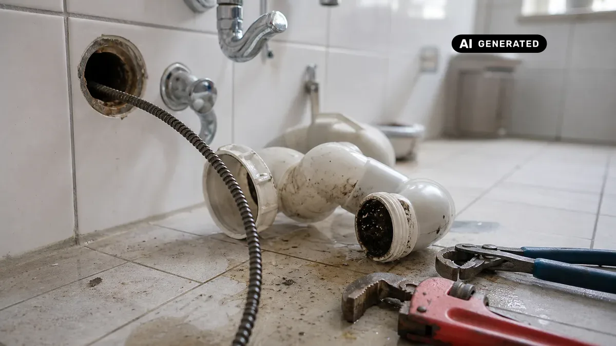 KI-generiertes Bild: Handwerker schiebt eine Rohrreinigungsspirale in einen Wandabfluss im Bad, daneben der geöffnete Siphon und Werkzeug