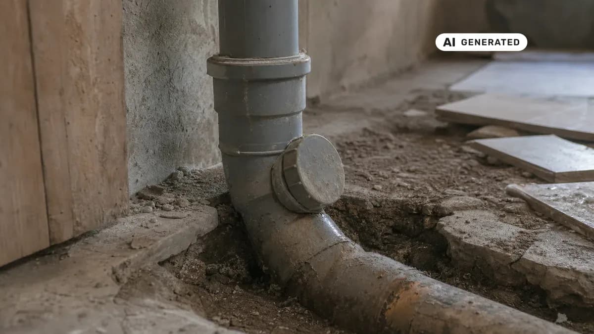 KI-generiertes Bild: Freigelegtes Fallrohr am Übergang zur Grundleitung im Kellerboden mit sichtbarer Reinigungsöffnung