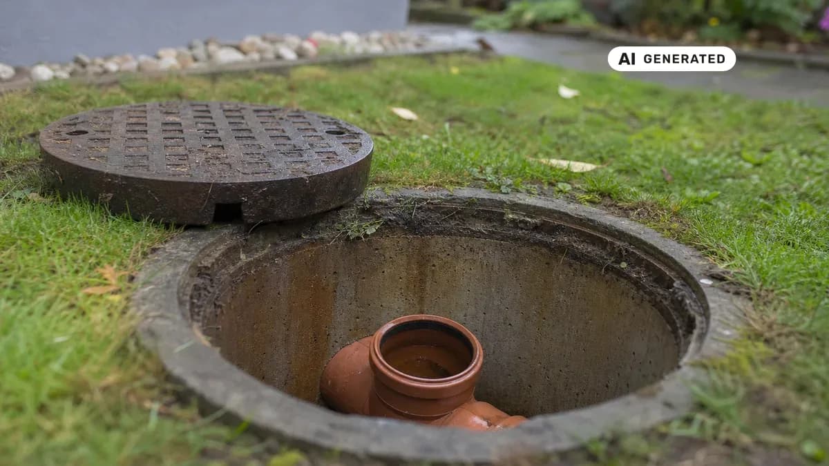 KI-generiertes Bild: Geöffneter Revisionsschacht im Garten eines Wohnhauses mit Blick auf den Abwasser-Anschlusskanal