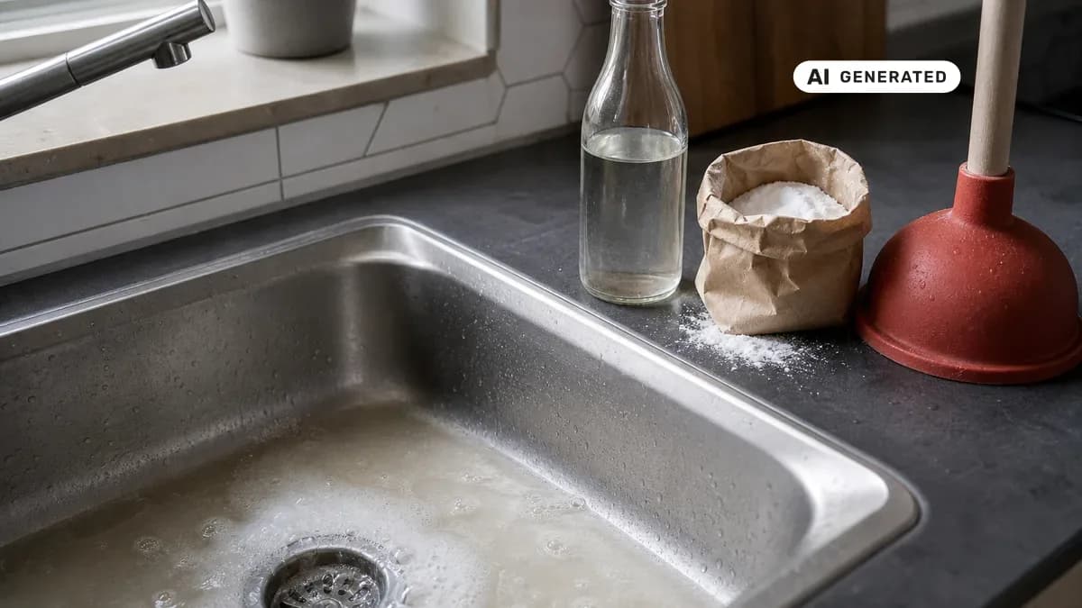 KI-generiertes Bild: Hände mit Haushaltshandschuhen geben Natron in den Ablauf einer Küchenspüle, daneben eine Essigflasche und eine Saugglocke