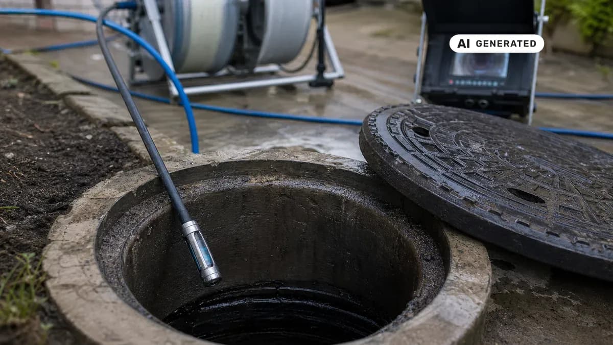 KI-generiertes Bild: Techniker schiebt eine Kanalkamera in einen geöffneten Revisionsschacht, dahinter die Ausrüstung für die grabenlose Kanalsanierung