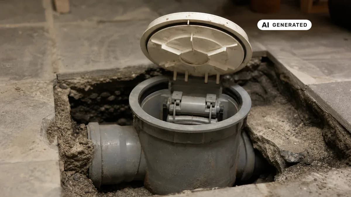 KI-generiertes Bild: Freigelegte Abwasserleitung im Kellerboden mit montierter Rückstauklappe, geöffneter Revisionsdeckel gibt den Blick auf den Klappenmechanismus frei