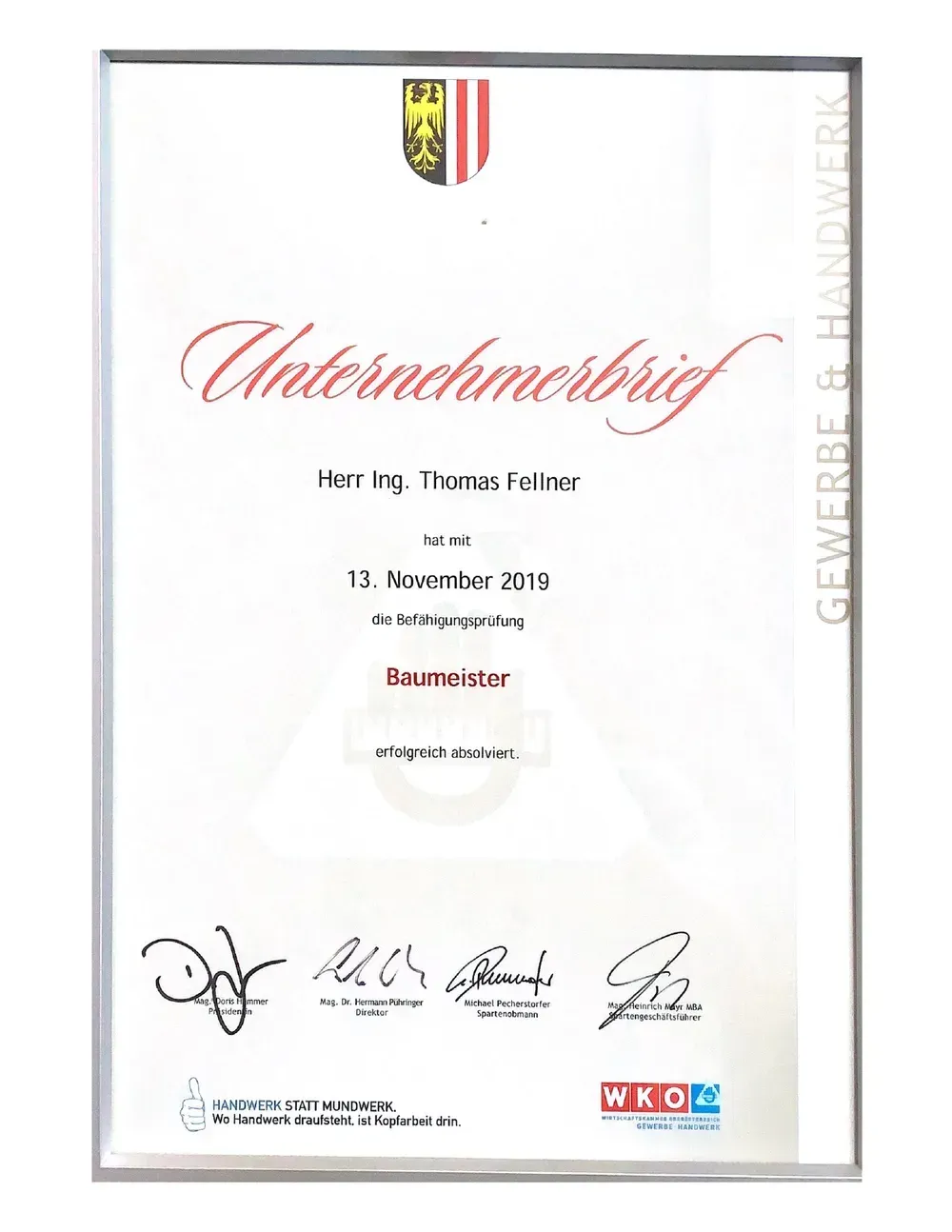 Unternehmerbrief Baumeister – Wirtschaftskammer Oberösterreich, 2019